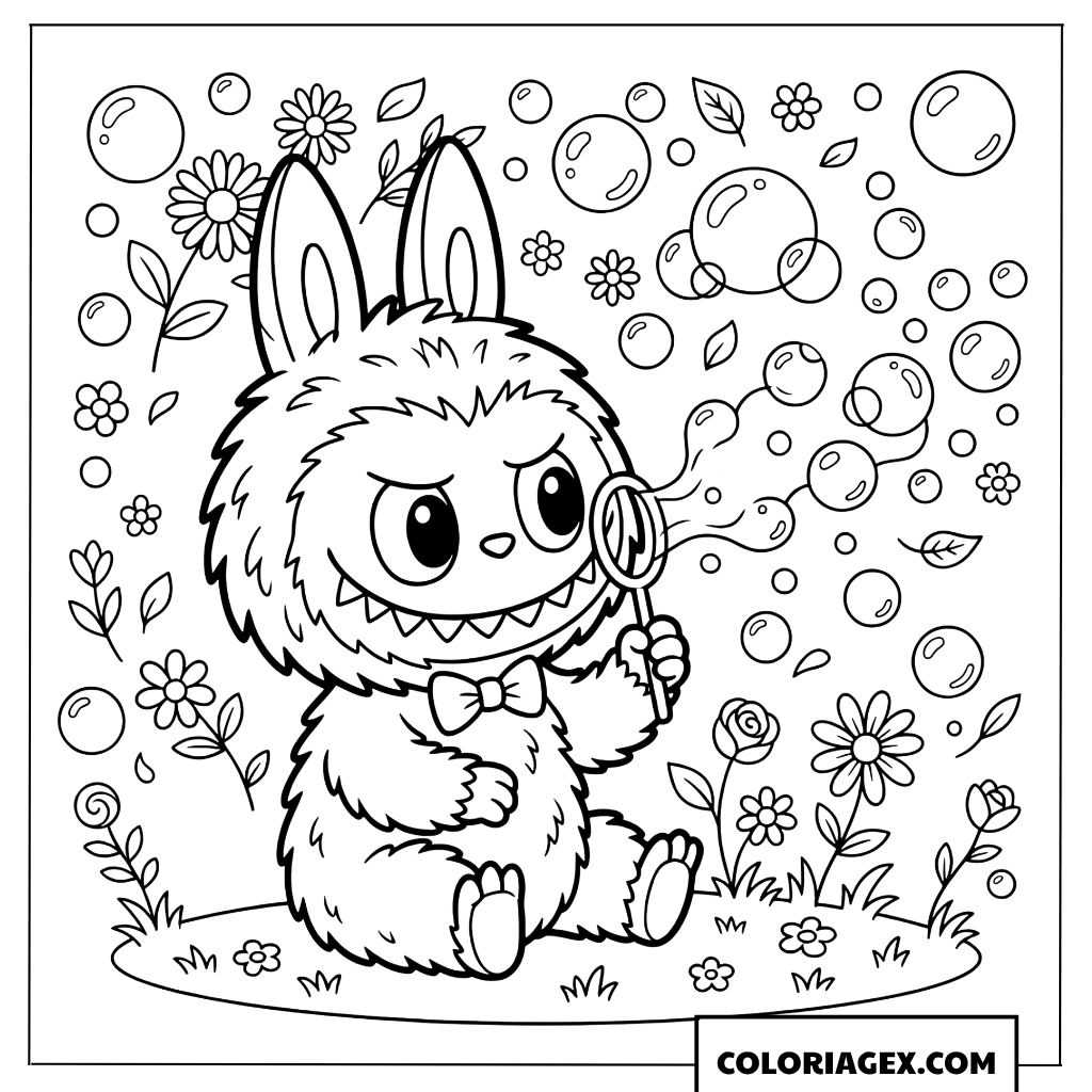 Coloriage Labubu assis sur l herbe soufflant des bulles