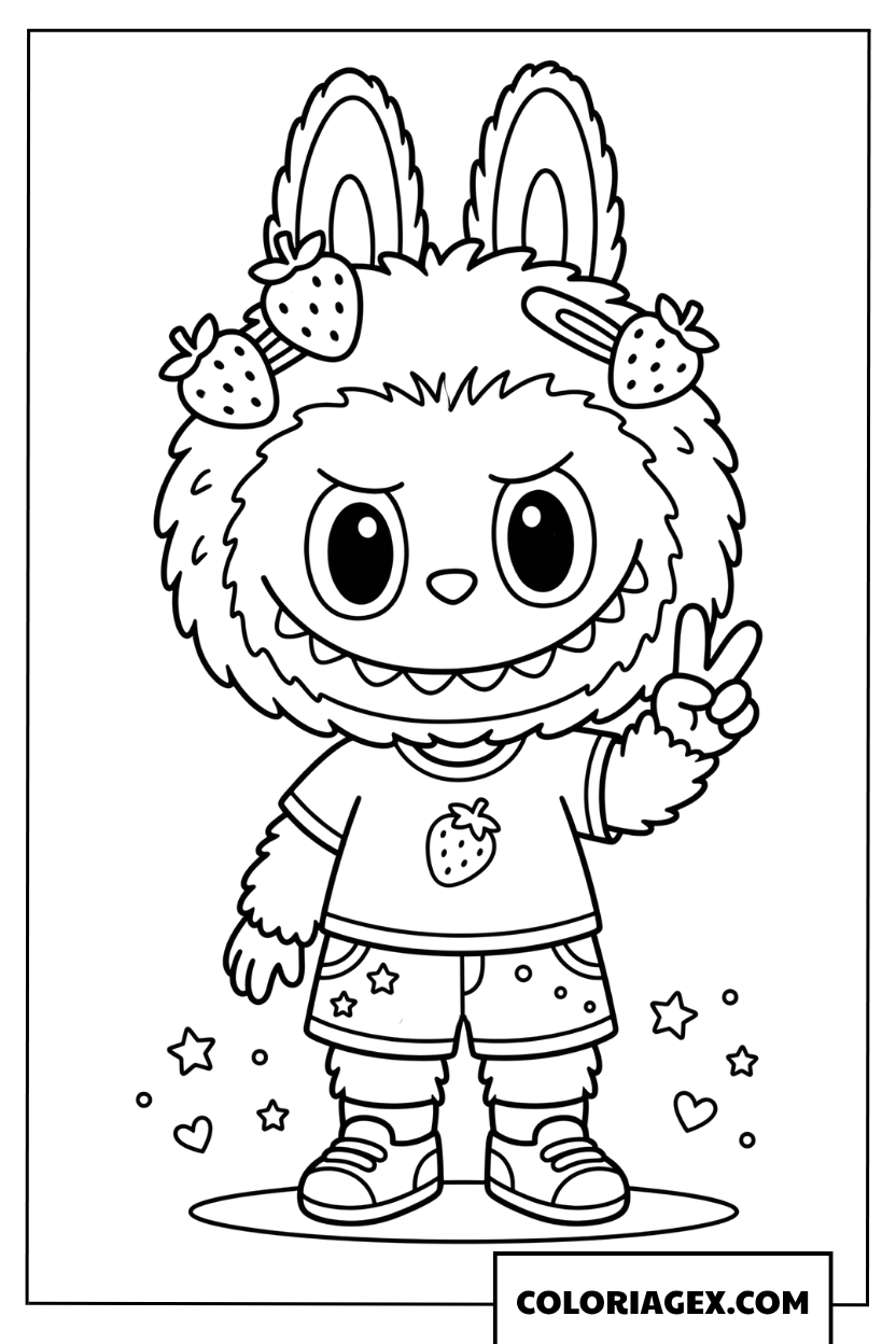 Coloriage Labubu avec des fraises et des petites etoiles