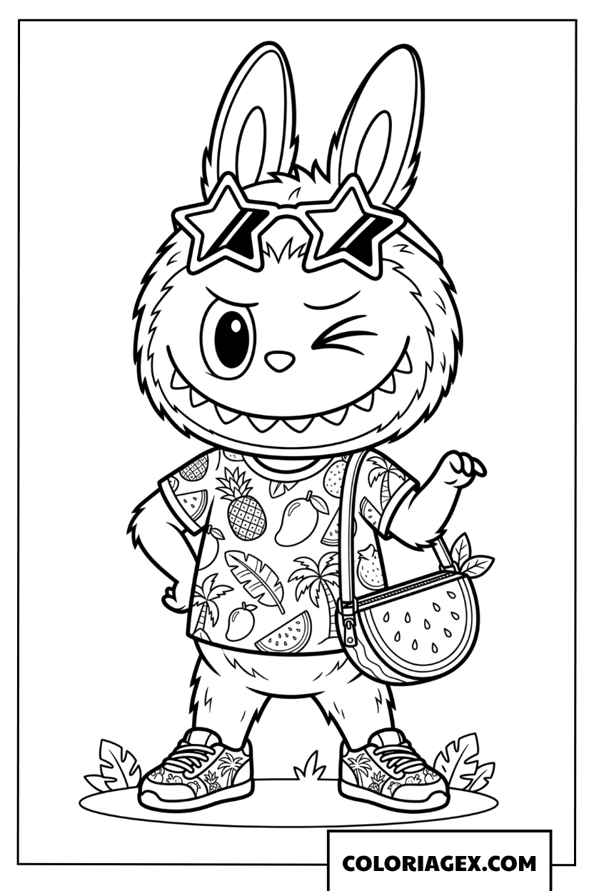 Coloriage Labubu avec lunettes etoiles et sac pasteque