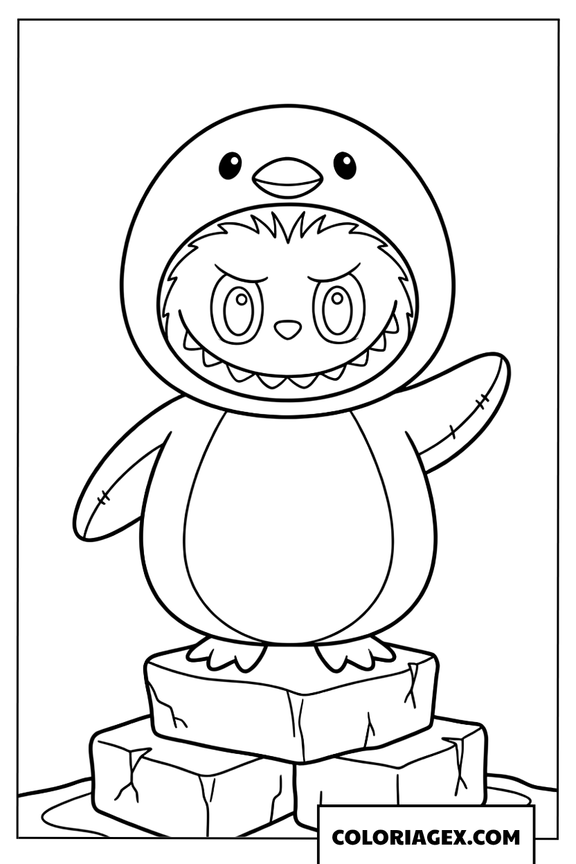 Coloriage Labubu dans un costume de pingouin