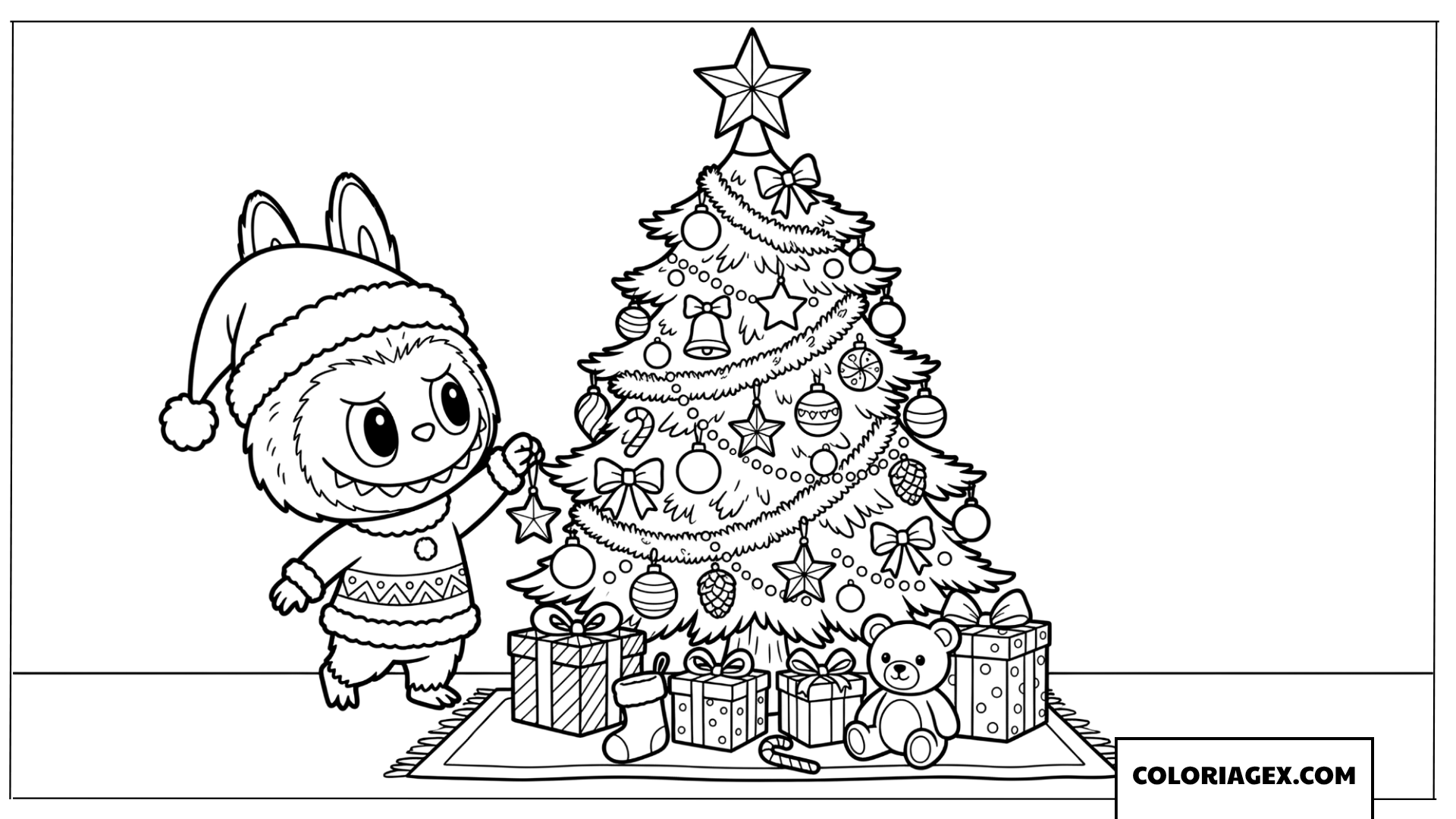 Coloriage Labubu decore le sapin de Noel
