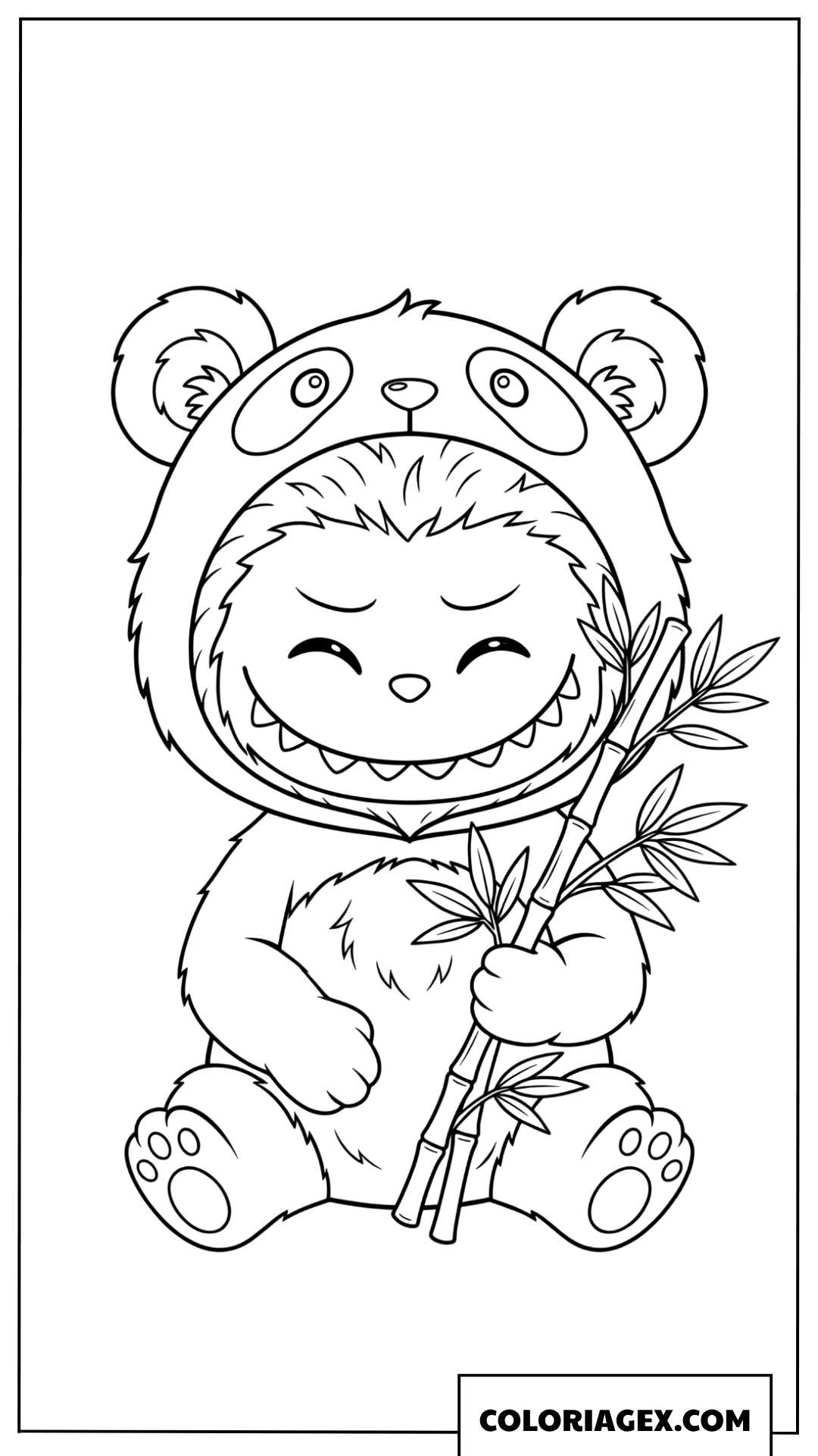 Coloriage Labubu deguise en Panda mignon avec bambou