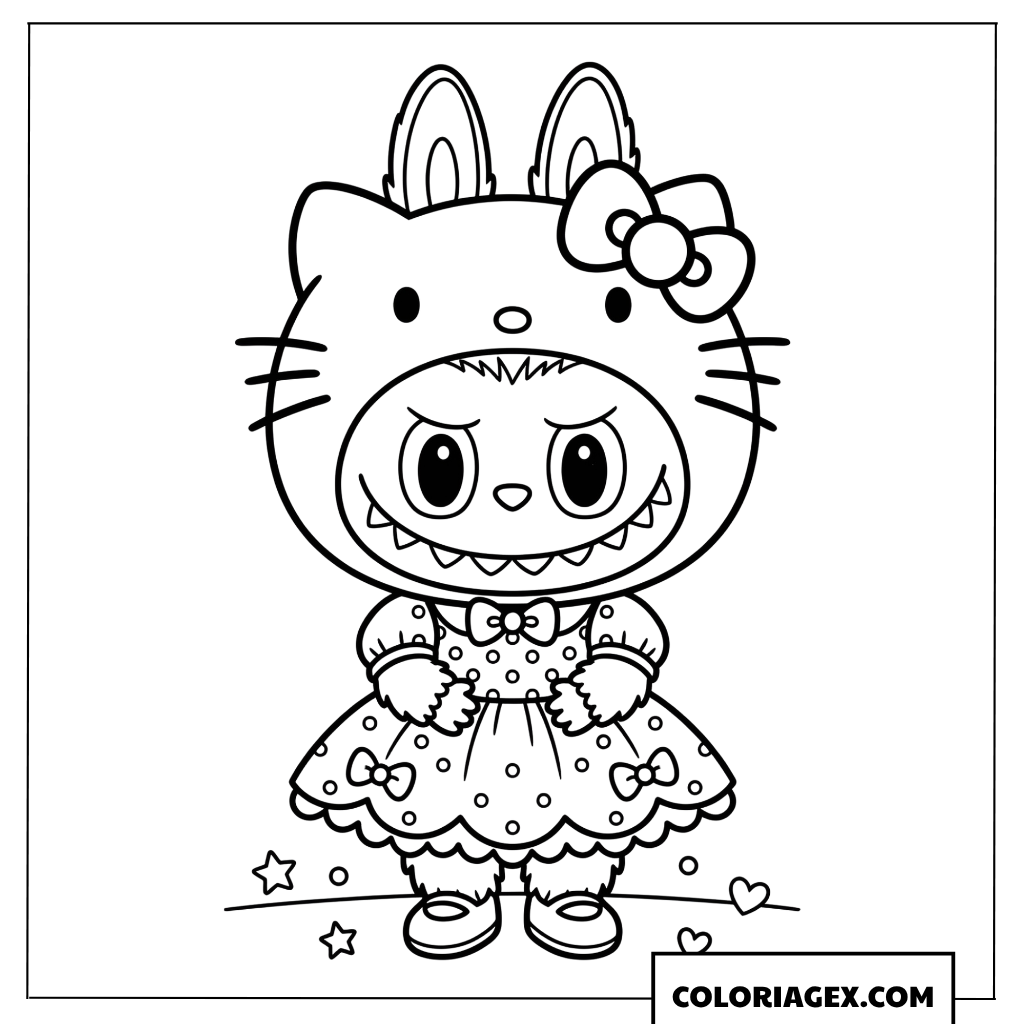 Coloriage Labubu deguisement Hello Kitty