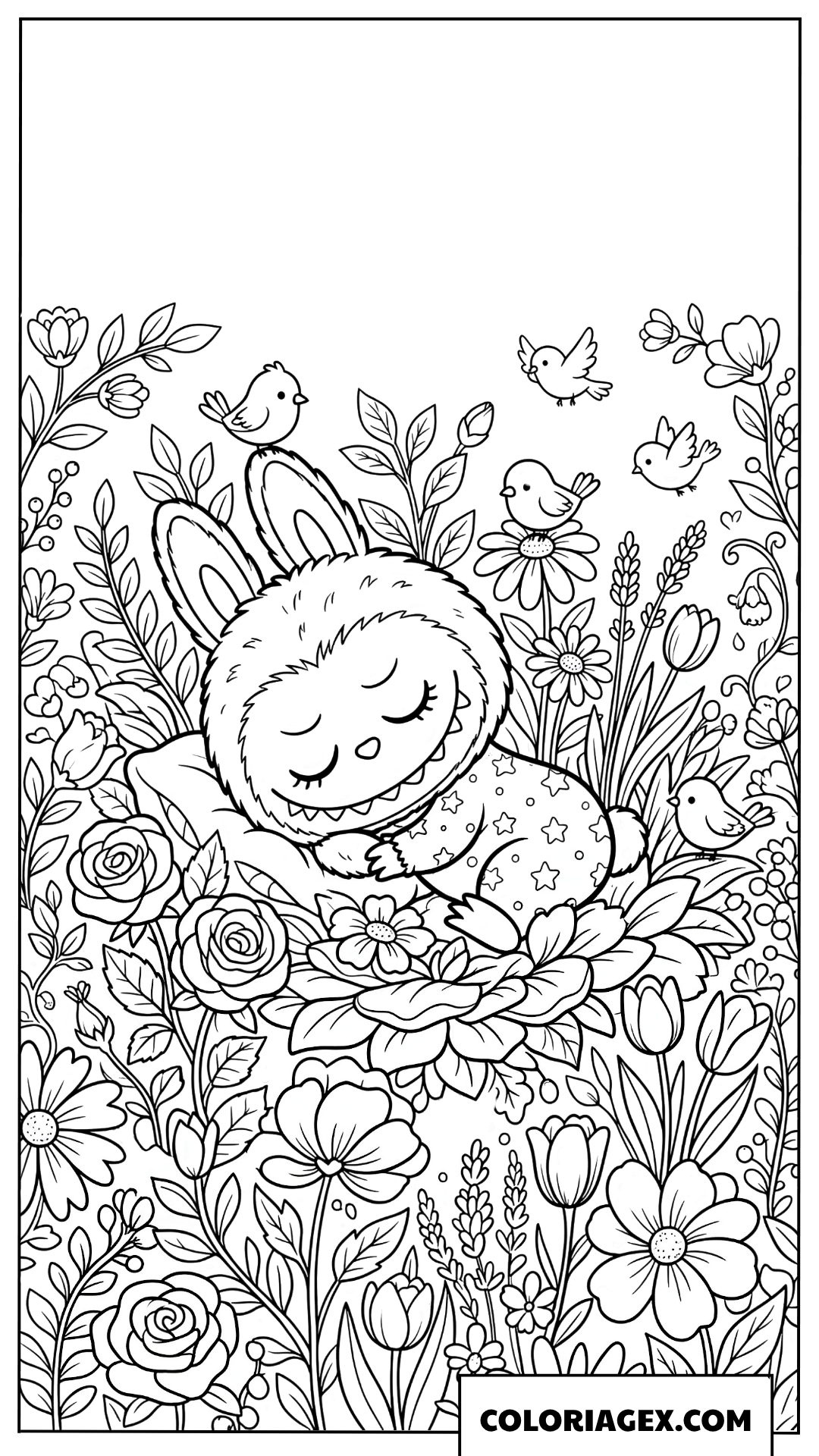 Coloriage Labubu dort paisiblement dans les fleurs