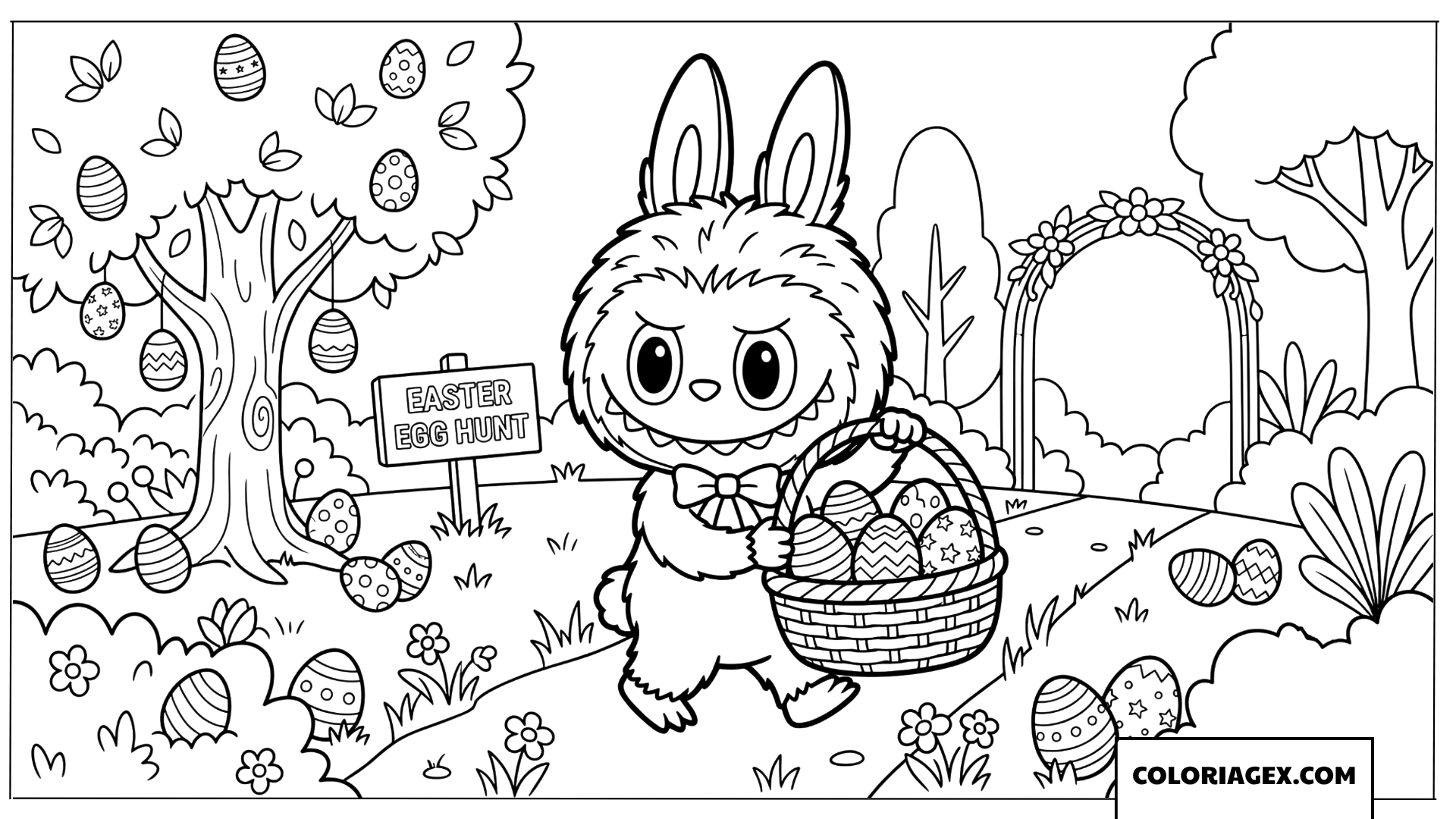 Coloriage Labubu et la chasse aux oeufs de Paques