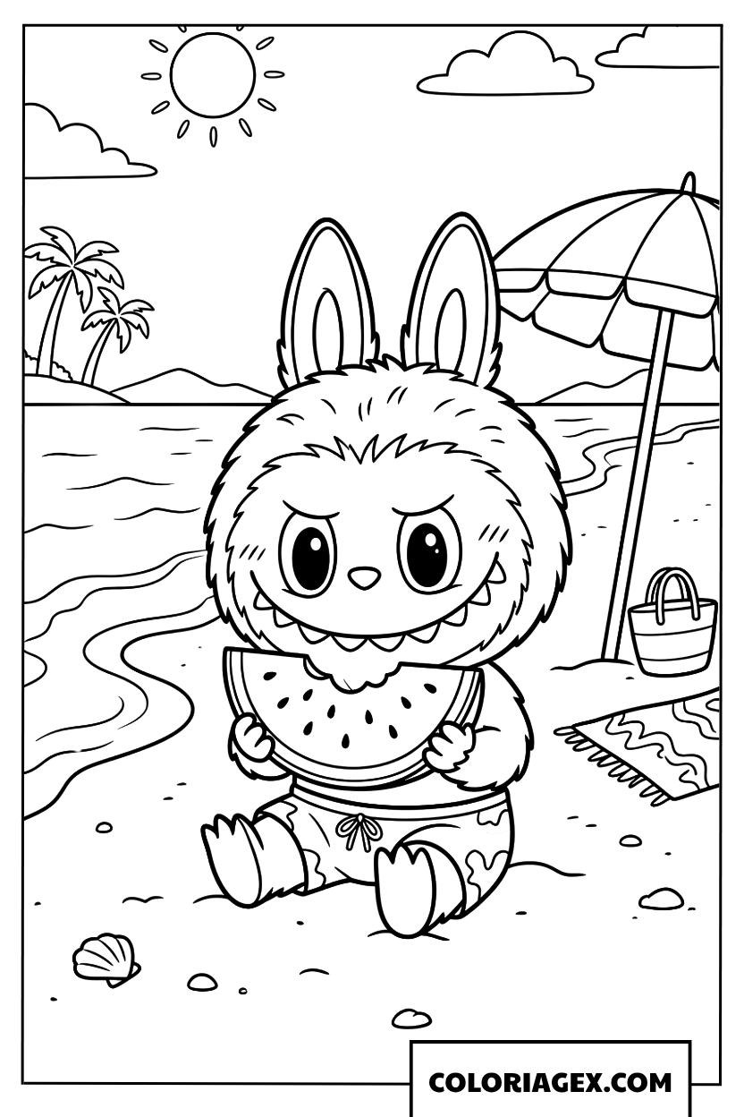 Coloriage Labubu mange une pastèque