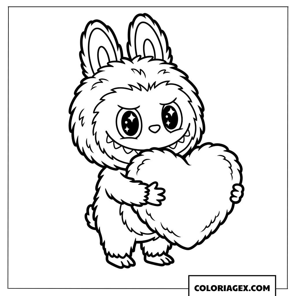 Coloriage Labubu mignon serrant un cœur doux