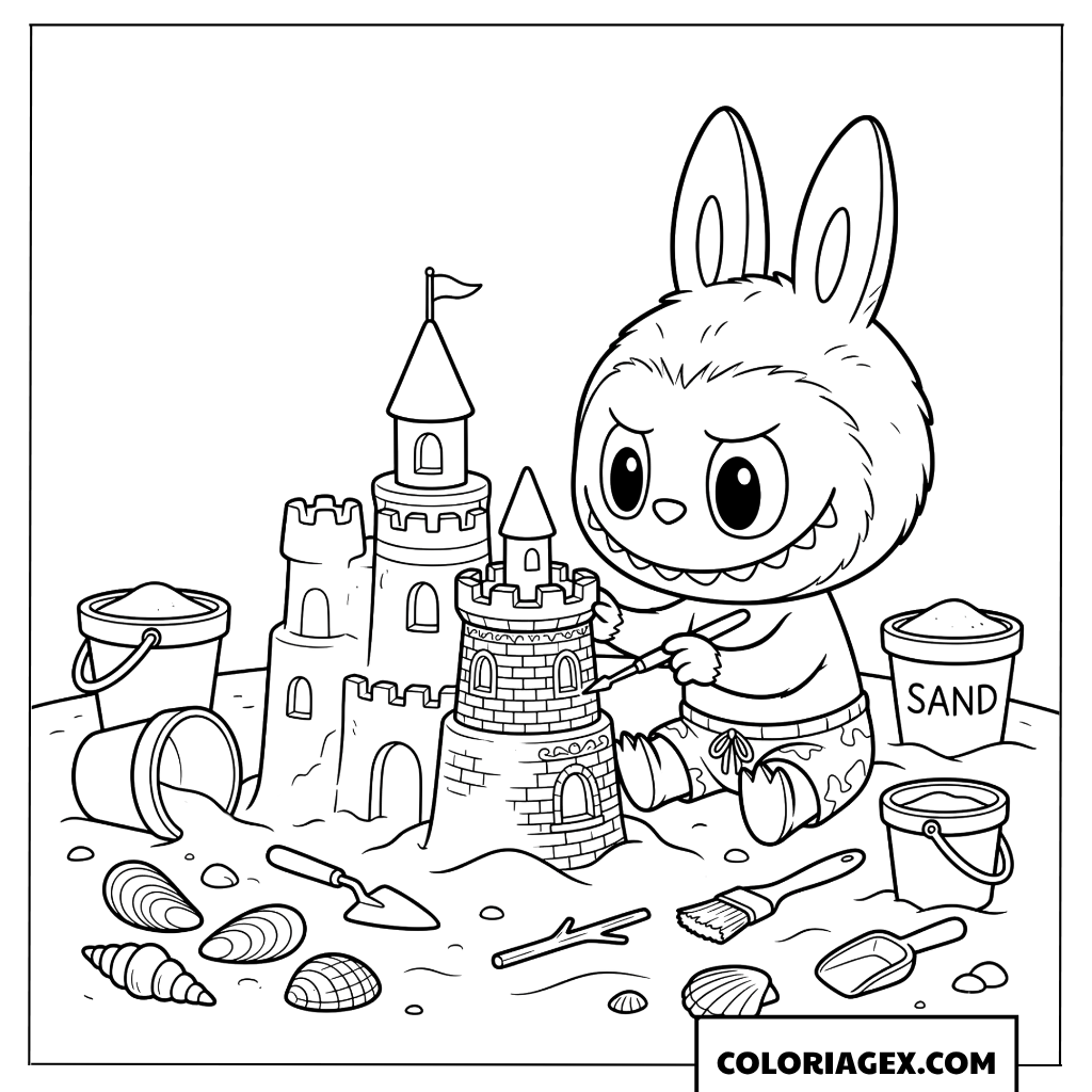 Coloriage Labubu sculpte un château détaillé