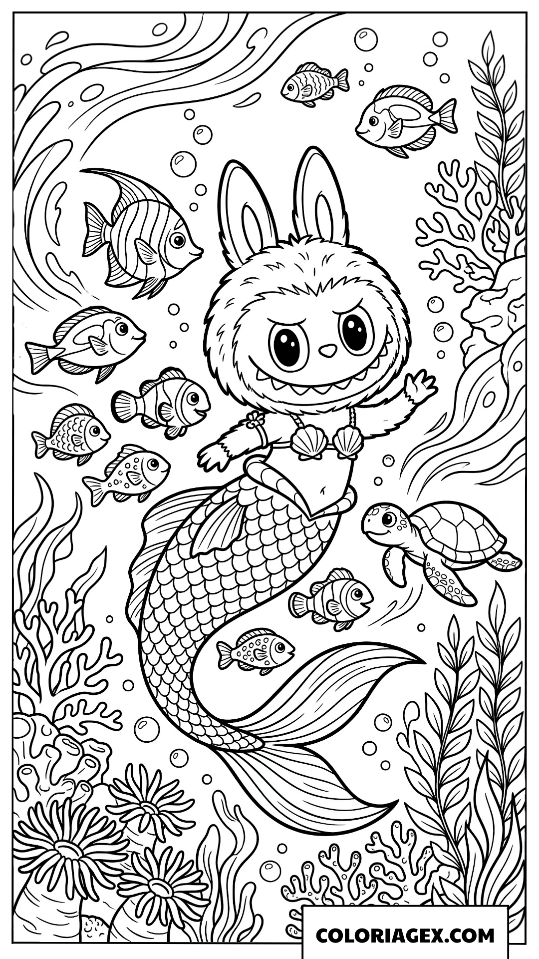 Coloriage Labubu sirene sous l'eau