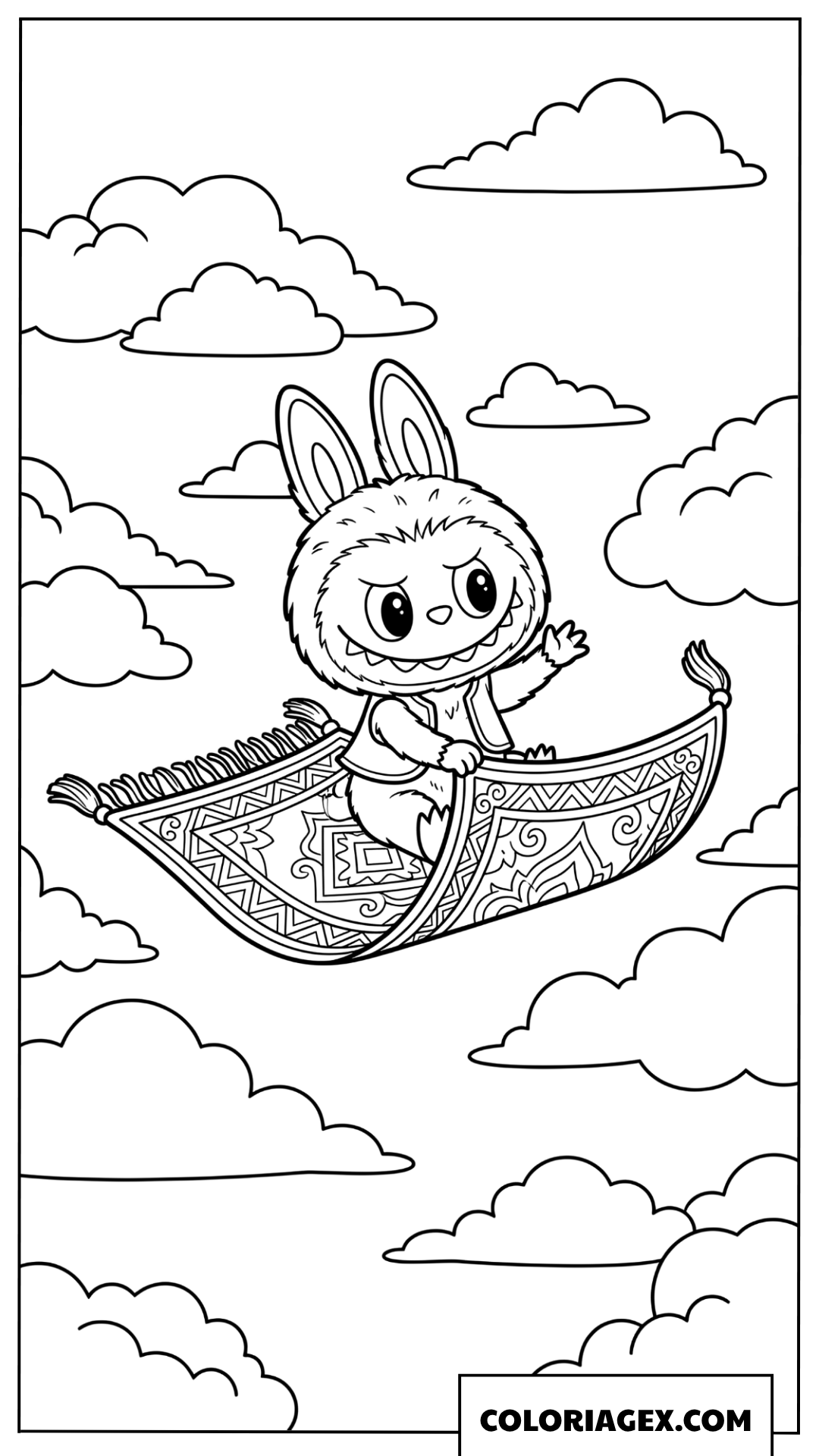 Coloriage Labubu sur son tapis volant