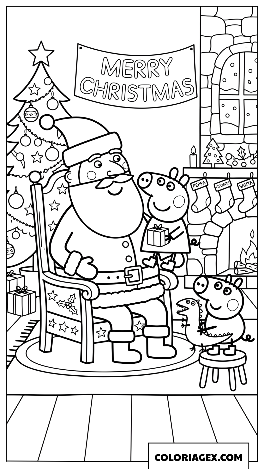 Coloriage Peppa Pig avec le Pere Noel dans le salon
