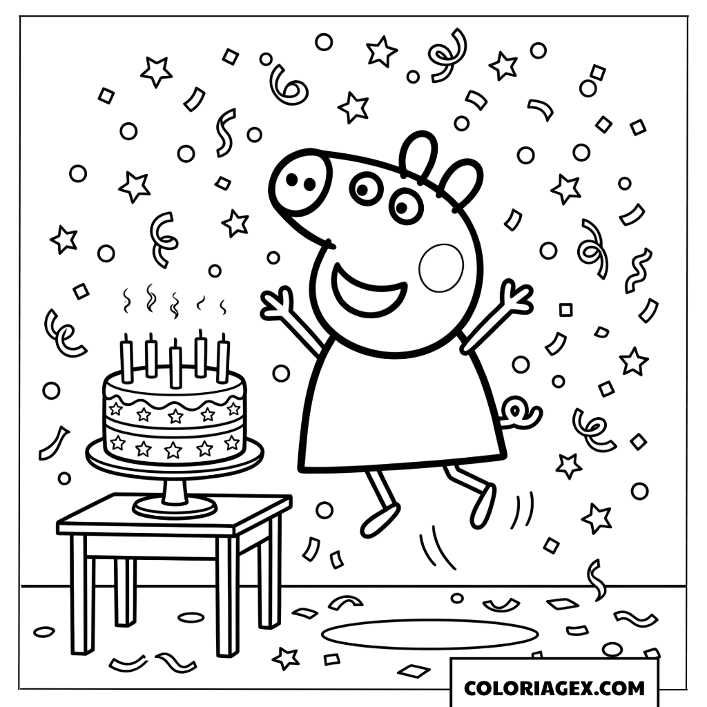 Coloriage Peppa Pig dansant pres du gateau anniversaire