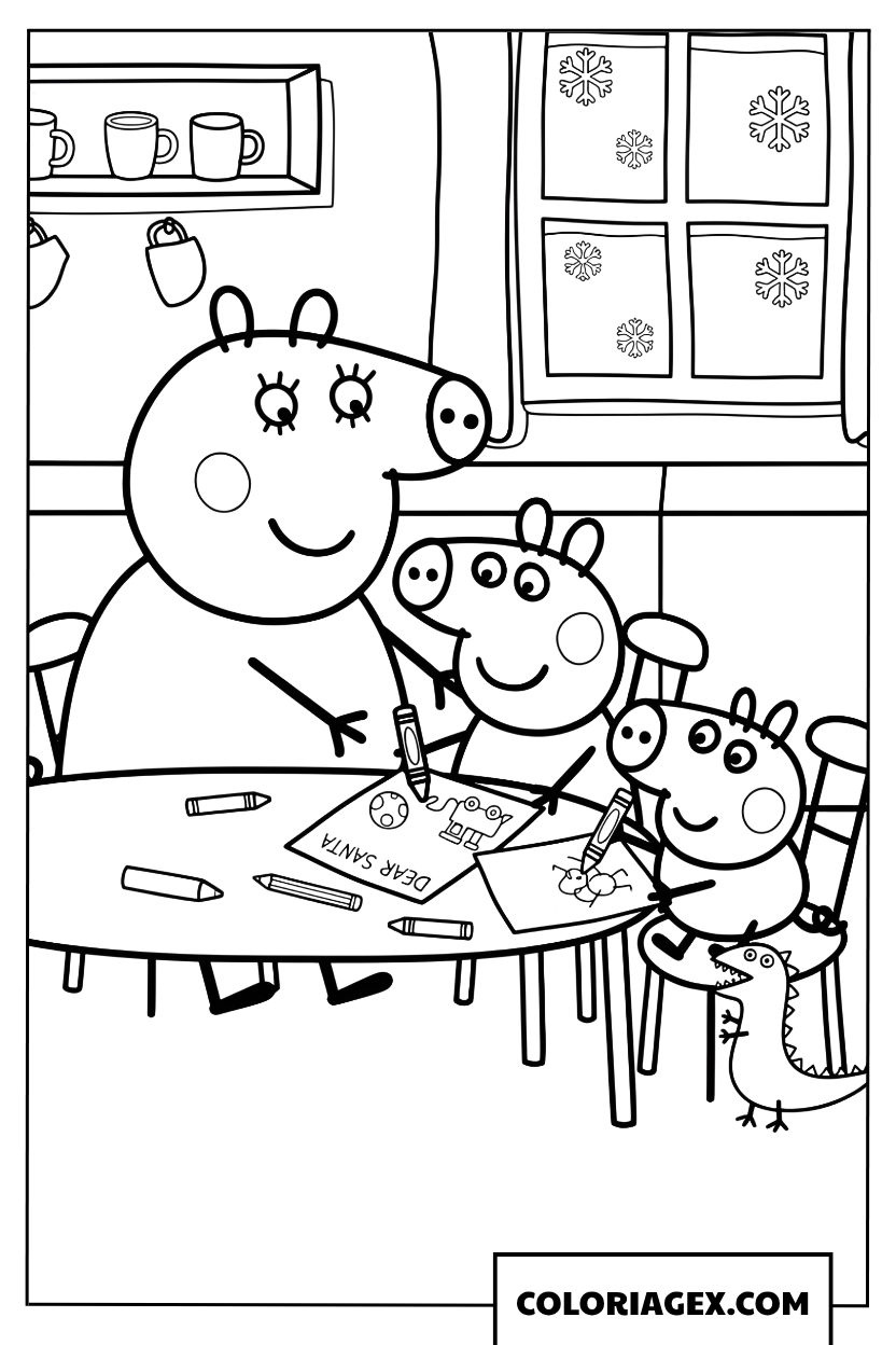 Coloriage Peppa Pig ecrit une lettre au Pere Noel avec sa famille