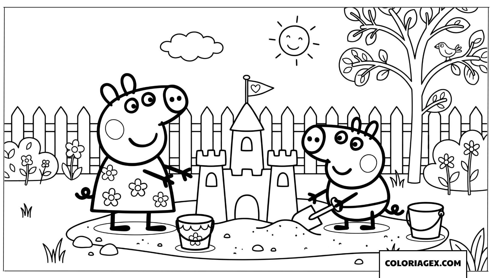 Coloriage Peppa Pig et George construisent un chateau de sable