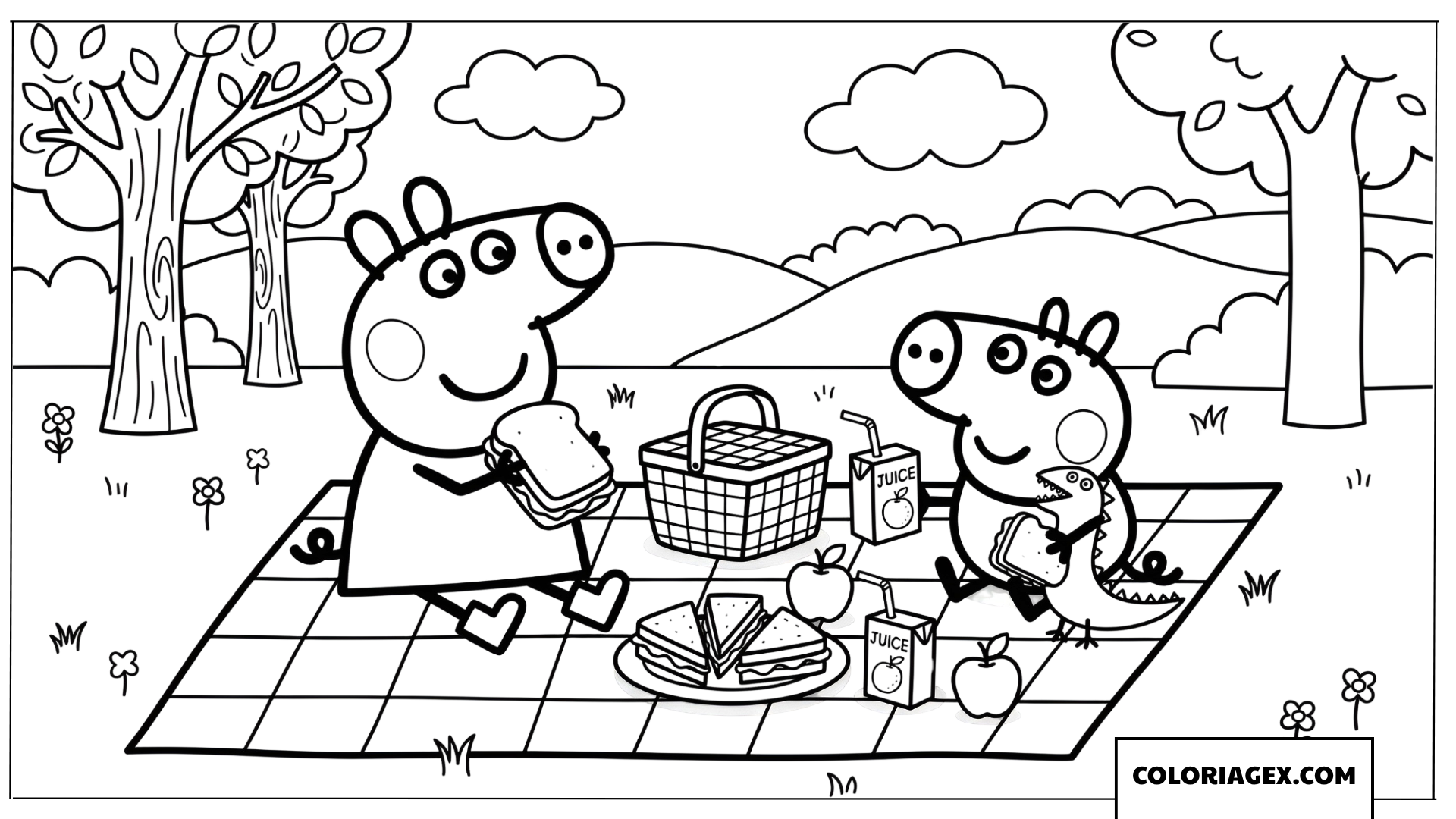 Coloriage Peppa Pig et George pique nique dans la nature
