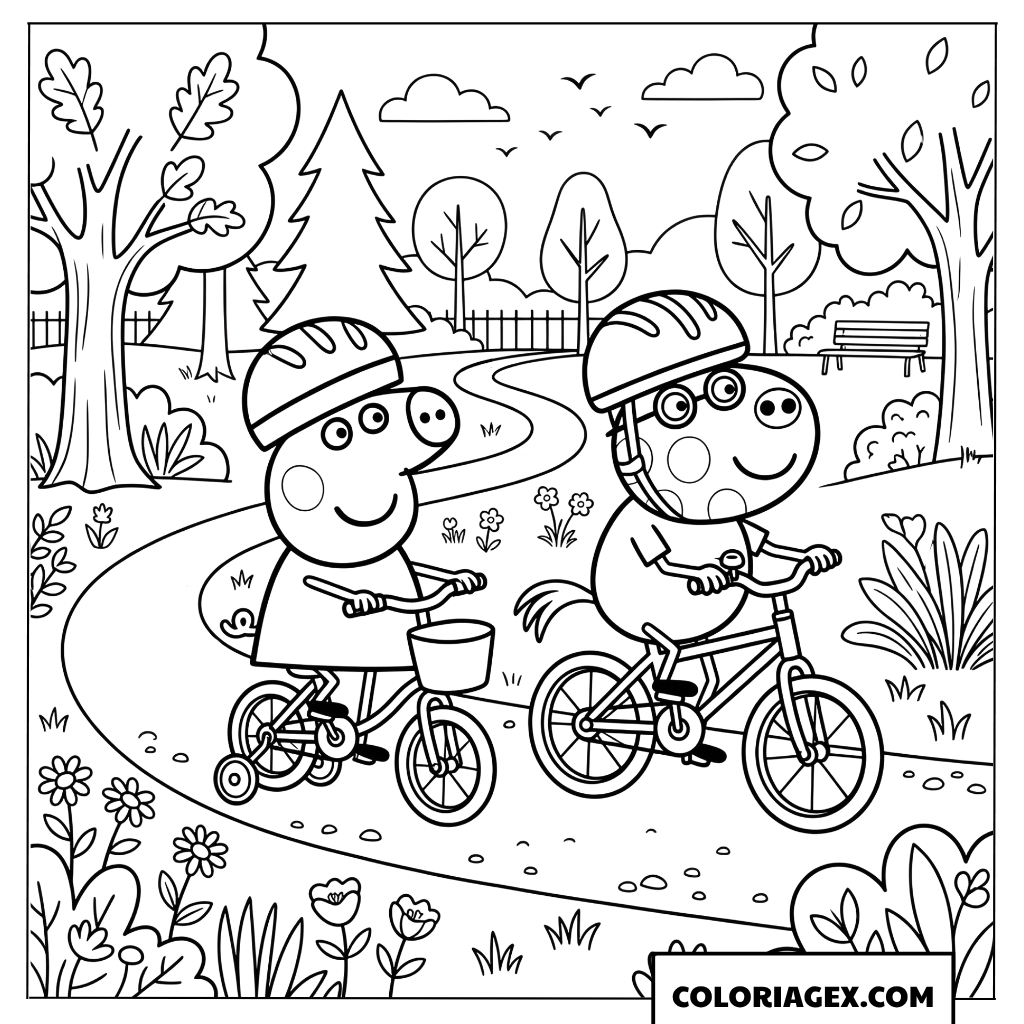 Coloriage Peppa Pig et Pedro Pony à vélo