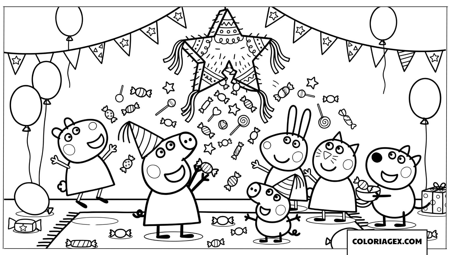 Coloriage Peppa Pig et ses amis avec pinata anniversaire