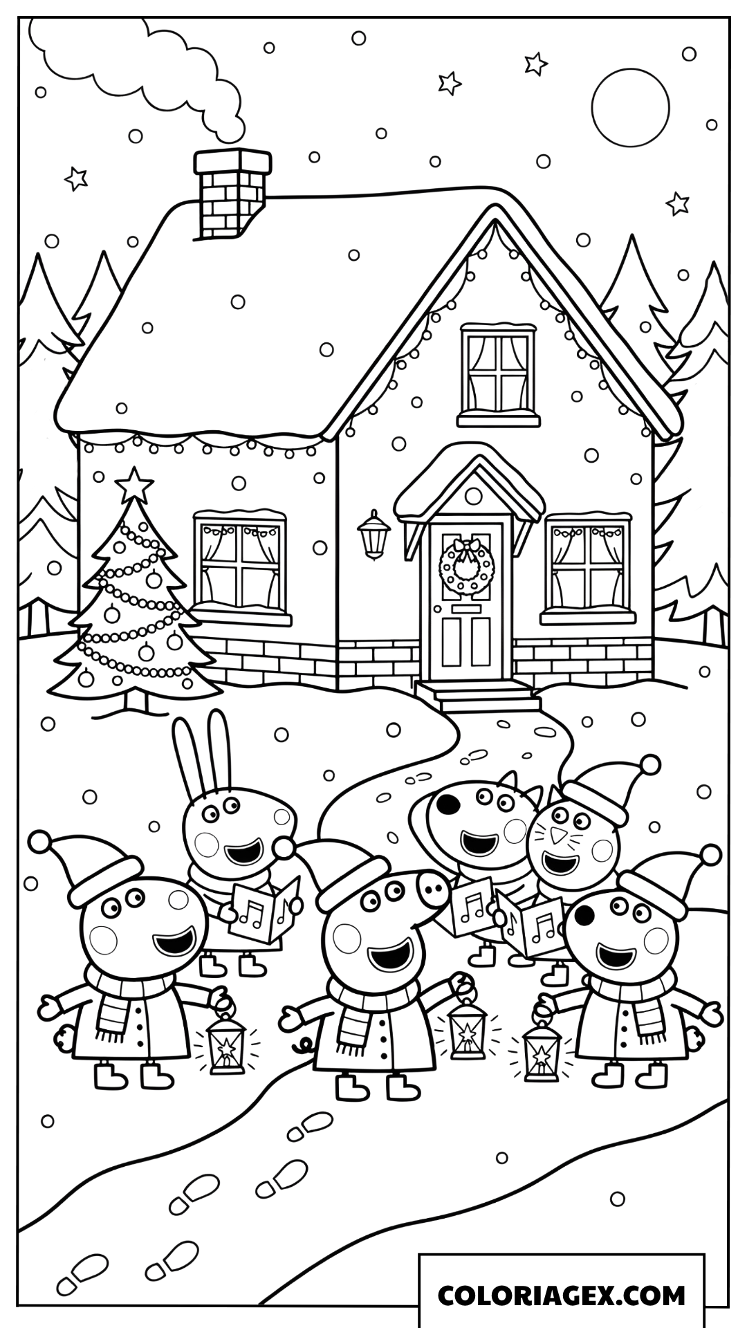 Coloriage Peppa Pig et ses amis chantent Noel devant une maison enneigee