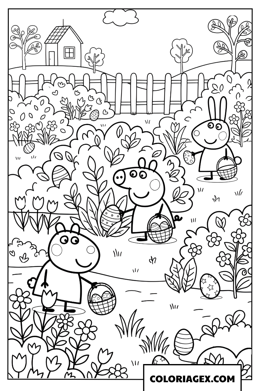Coloriage Peppa Pig et ses amis cherchent des oeufs dans le jardin