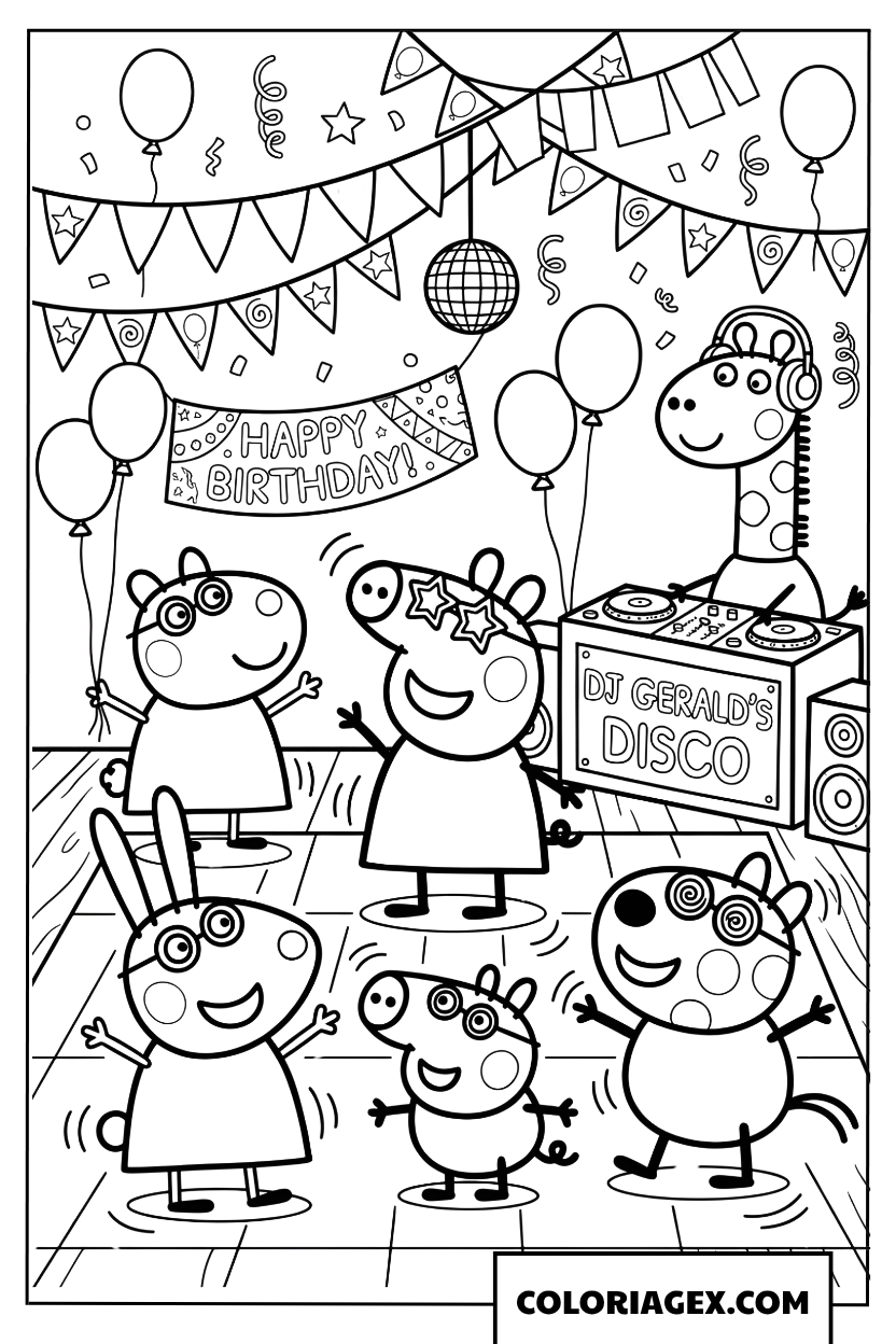 Coloriage Peppa Pig et ses amis dansent a la fete danniversaire