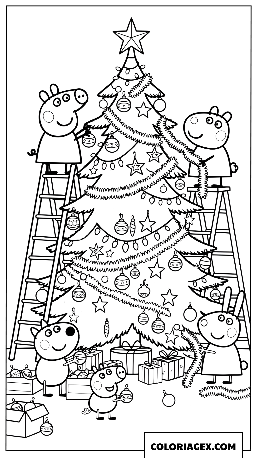 Coloriage Peppa Pig et ses amis decorent le sapin de Noel