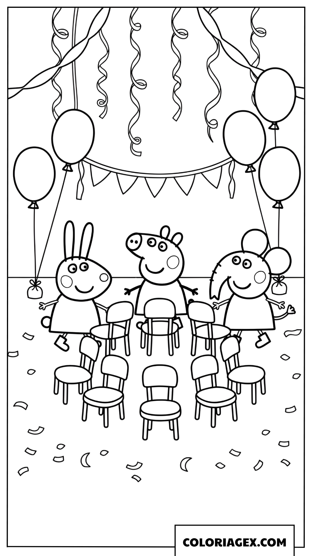 Coloriage Peppa Pig et ses amis jouant aux chaises musicales