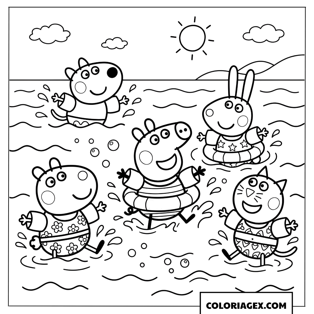 Coloriage Peppa Pig et ses amis jouent dans leau en ete