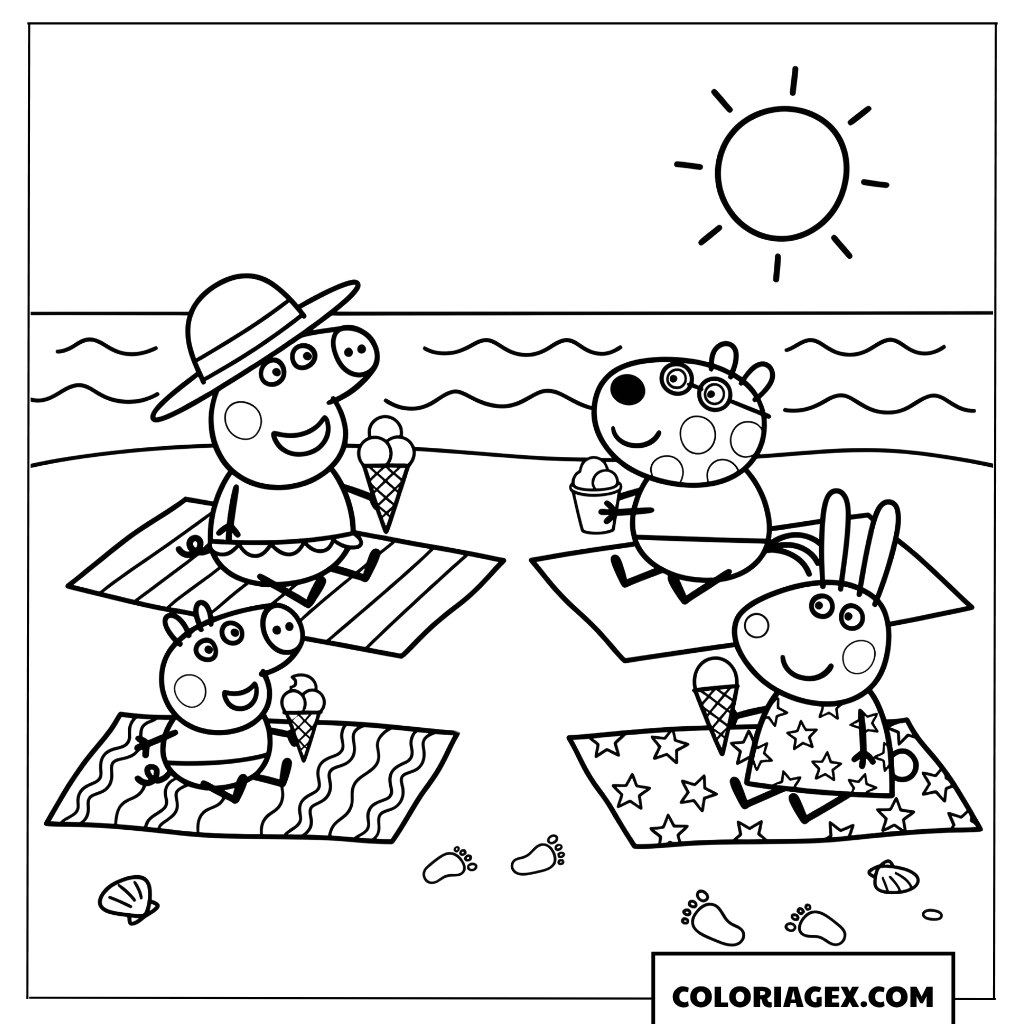 Coloriage Peppa Pig et ses amis mangent des glaces a la plage en ete