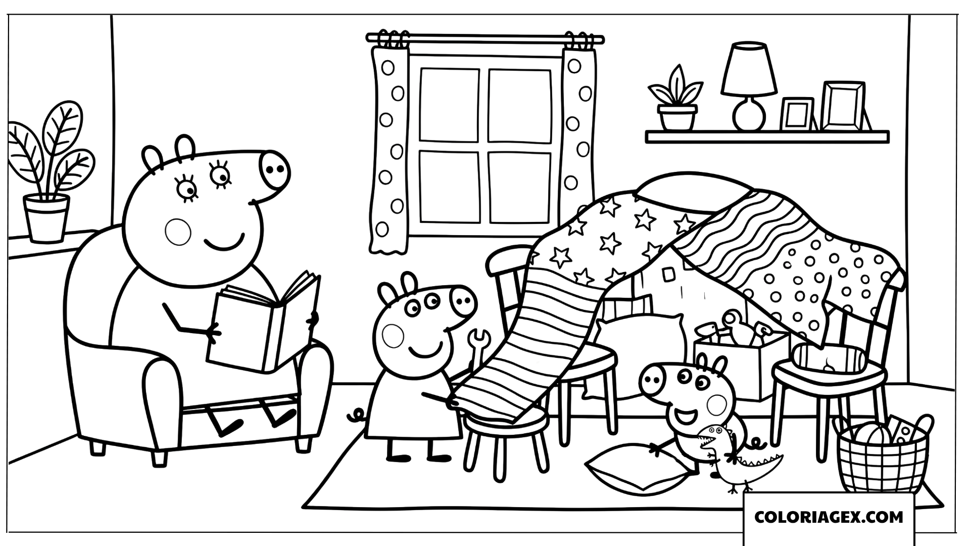 Coloriage Peppa Pig famille dans le salon avec cabane