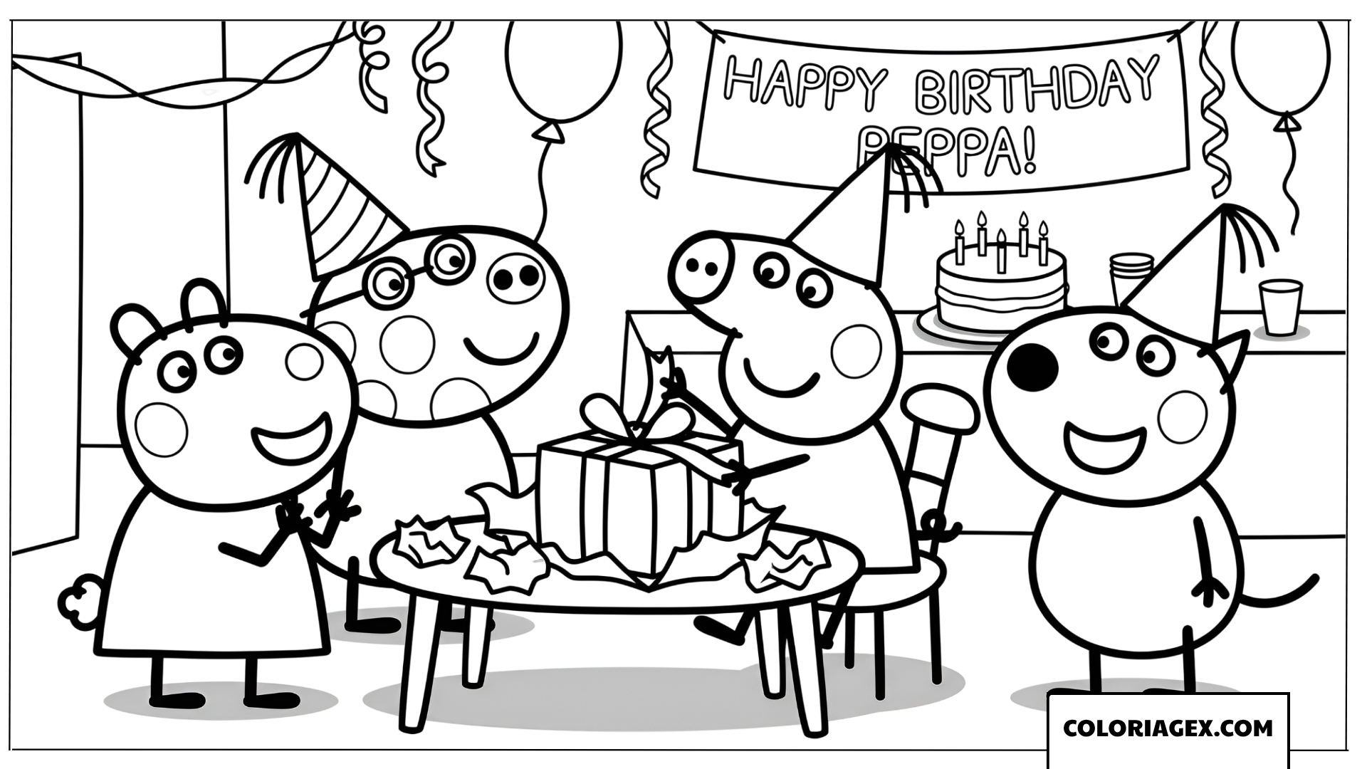 Coloriage Peppa Pig ouvrant cadeaux avec ses amis