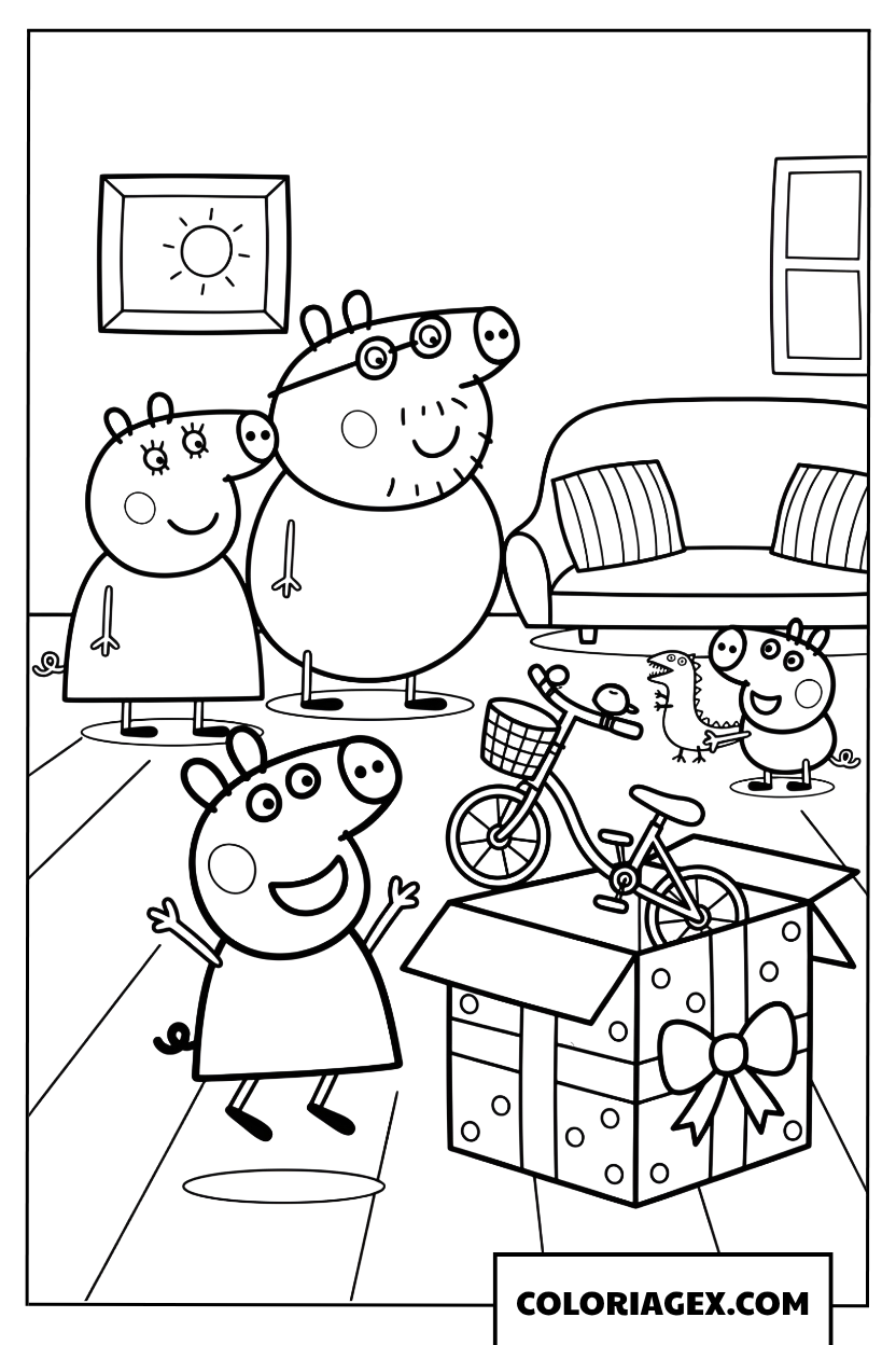 Coloriage Peppa Pig ouvrant un cadeau avec velo anniversaire