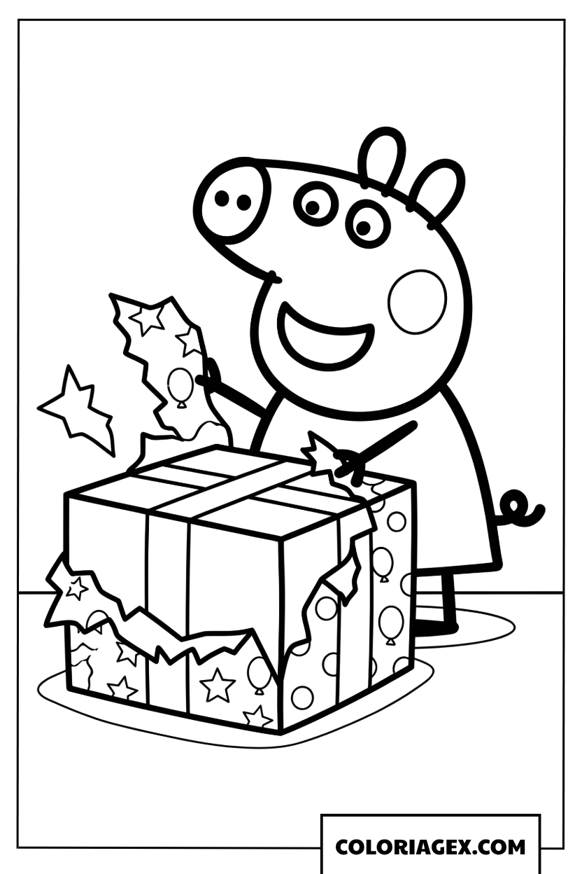 Coloriage Peppa Pig ouvrant une grande boite cadeau