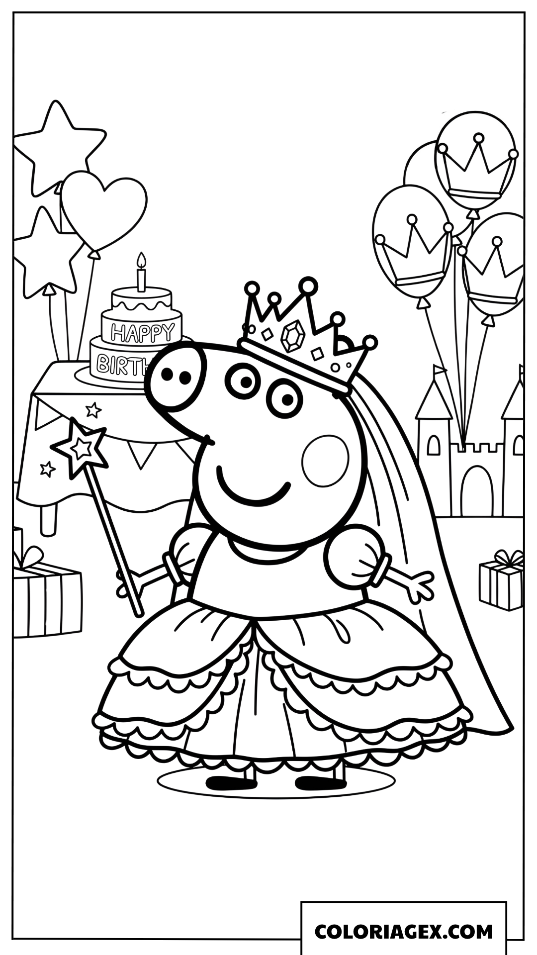 Coloriage Peppa Pig princesse fete anniversaire magique