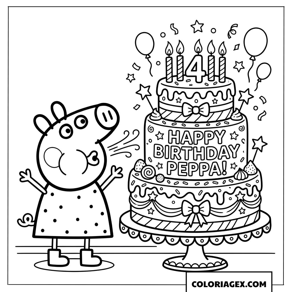 Coloriage Peppa Pig soufflant les bougies sur grand gateau anniversaire