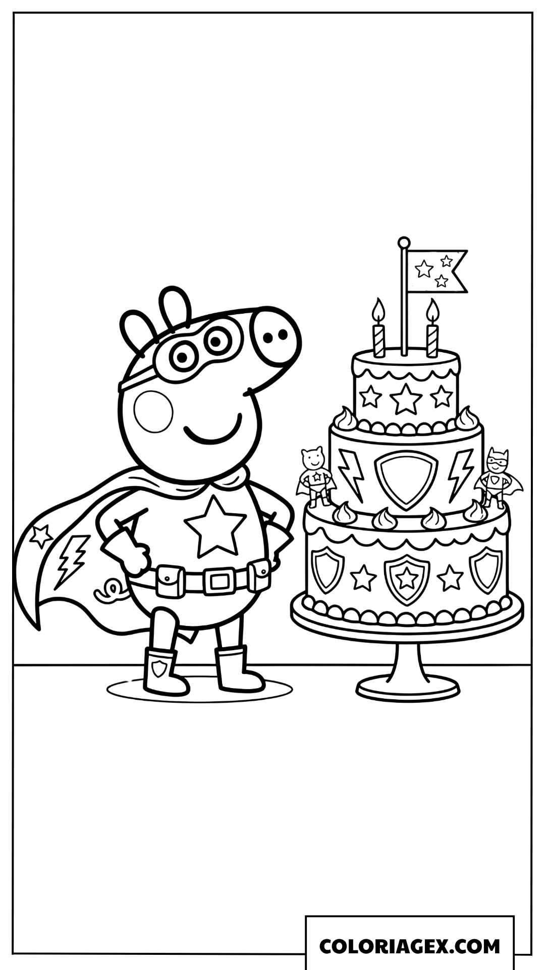 Coloriage Peppa Pig super heros avec gateau anniversaire