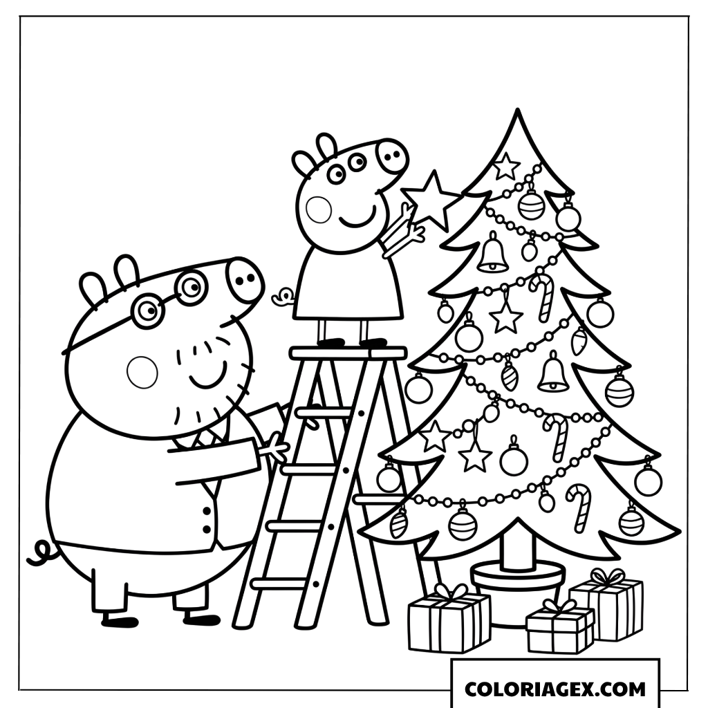 Coloriage Peppa et papa decorent le sapin de Noel