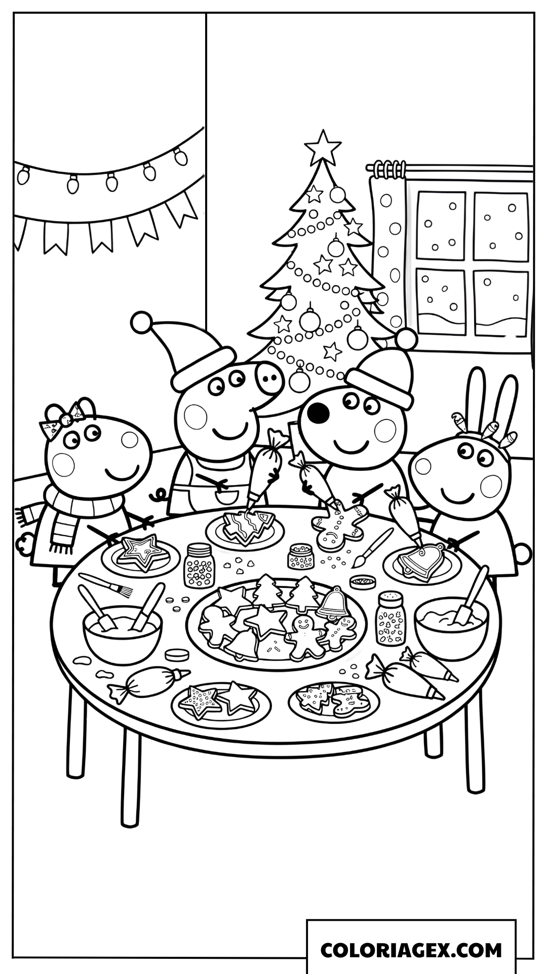 Coloriage Peppa et ses amis decorent des biscuits de Noel
