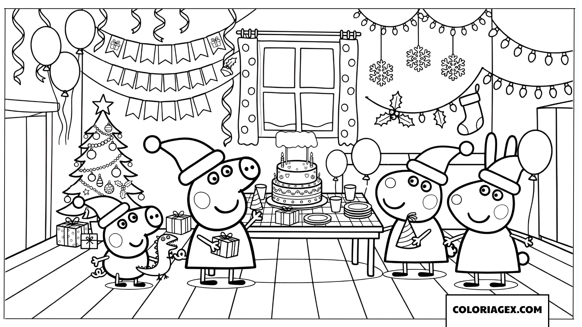 Coloriage Peppa et ses amis fete d anniversaire Noel a la maison