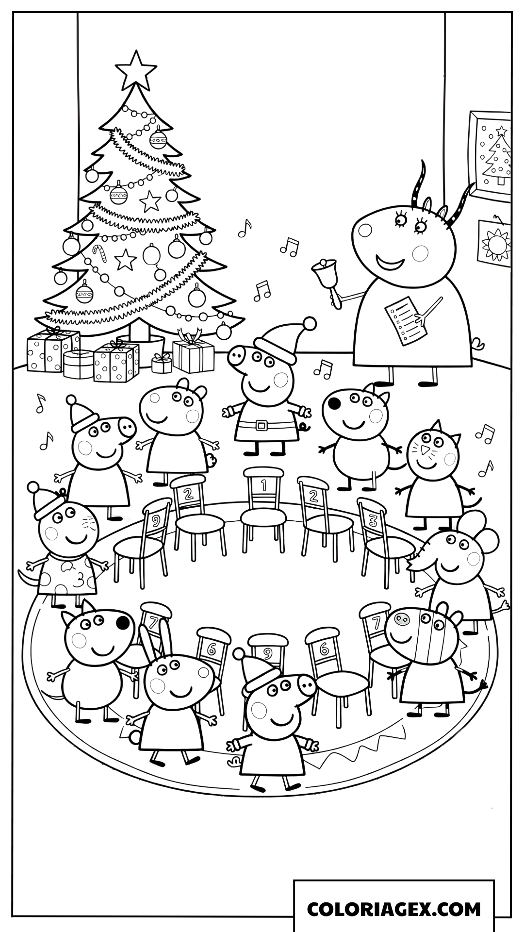 Coloriage Peppa et ses amis jouent a des jeux de Noel