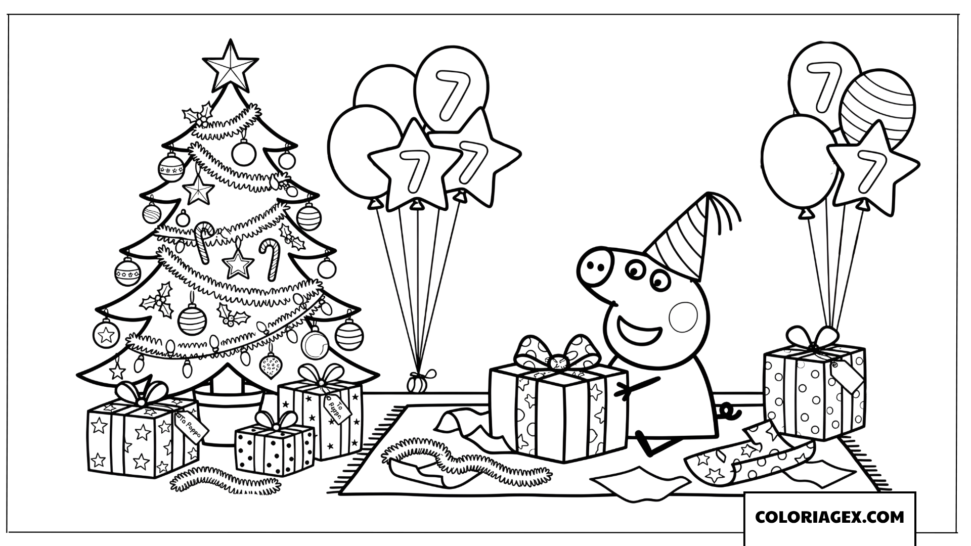Coloriage Peppa ouvre des cadeaux de Noel pres du sapin