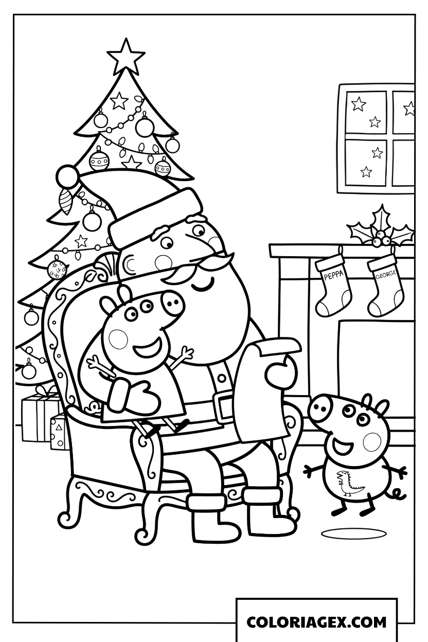 Coloriage Pere Noel porte Peppa et lit une lettre pres du sapin
