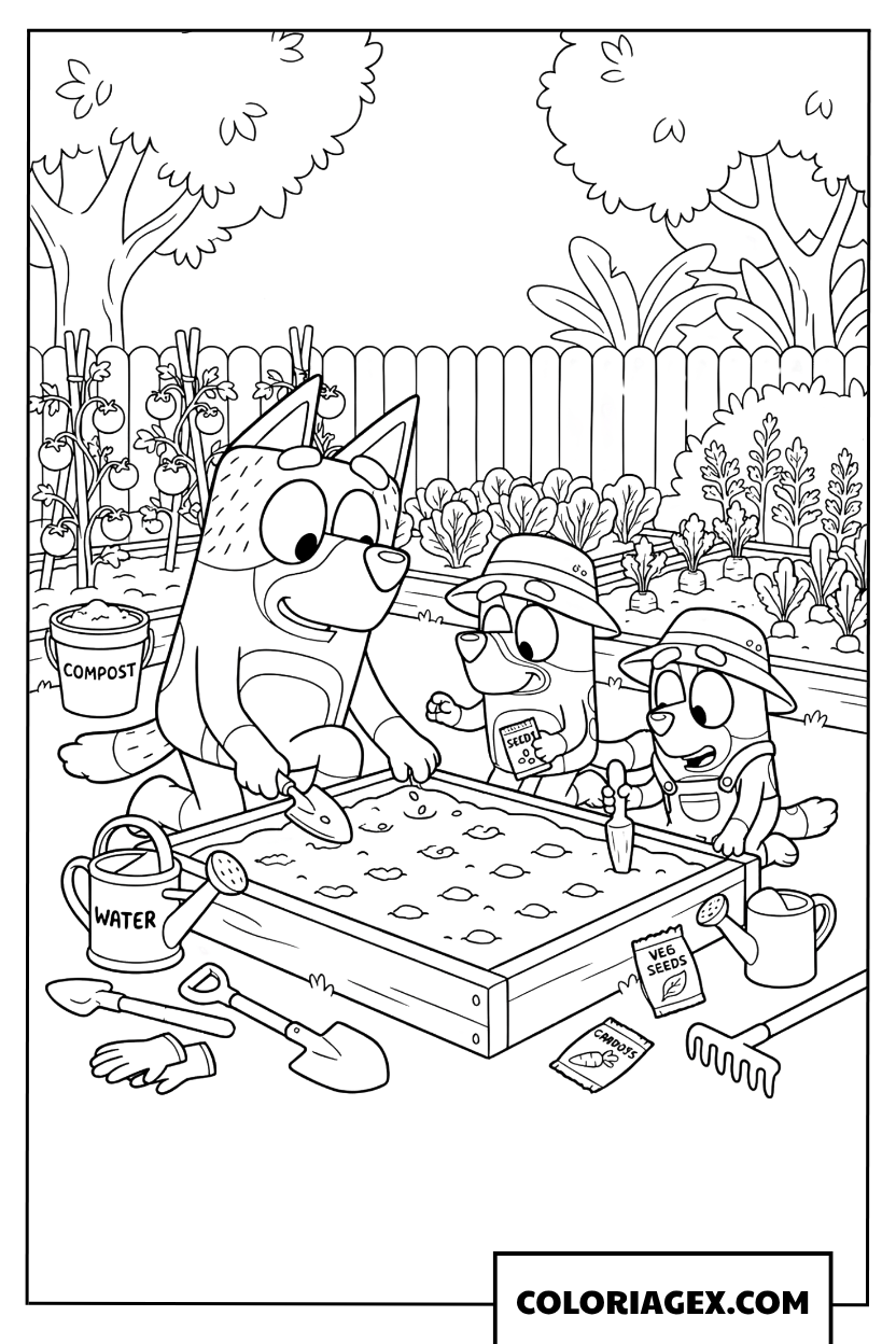 Coloriage Bluey et Bingo avec leur papa en train de planter au printemps