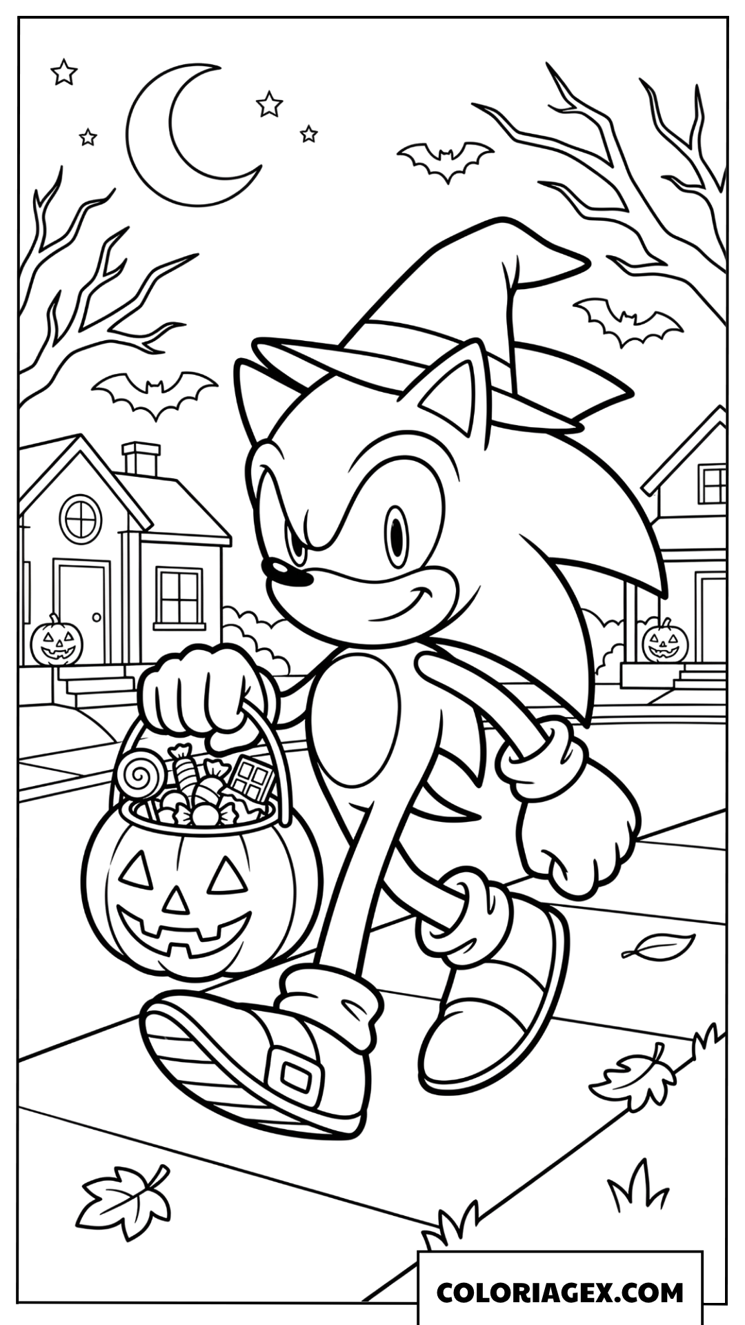 Coloriage Sonic Halloween avec panier de bonbons
