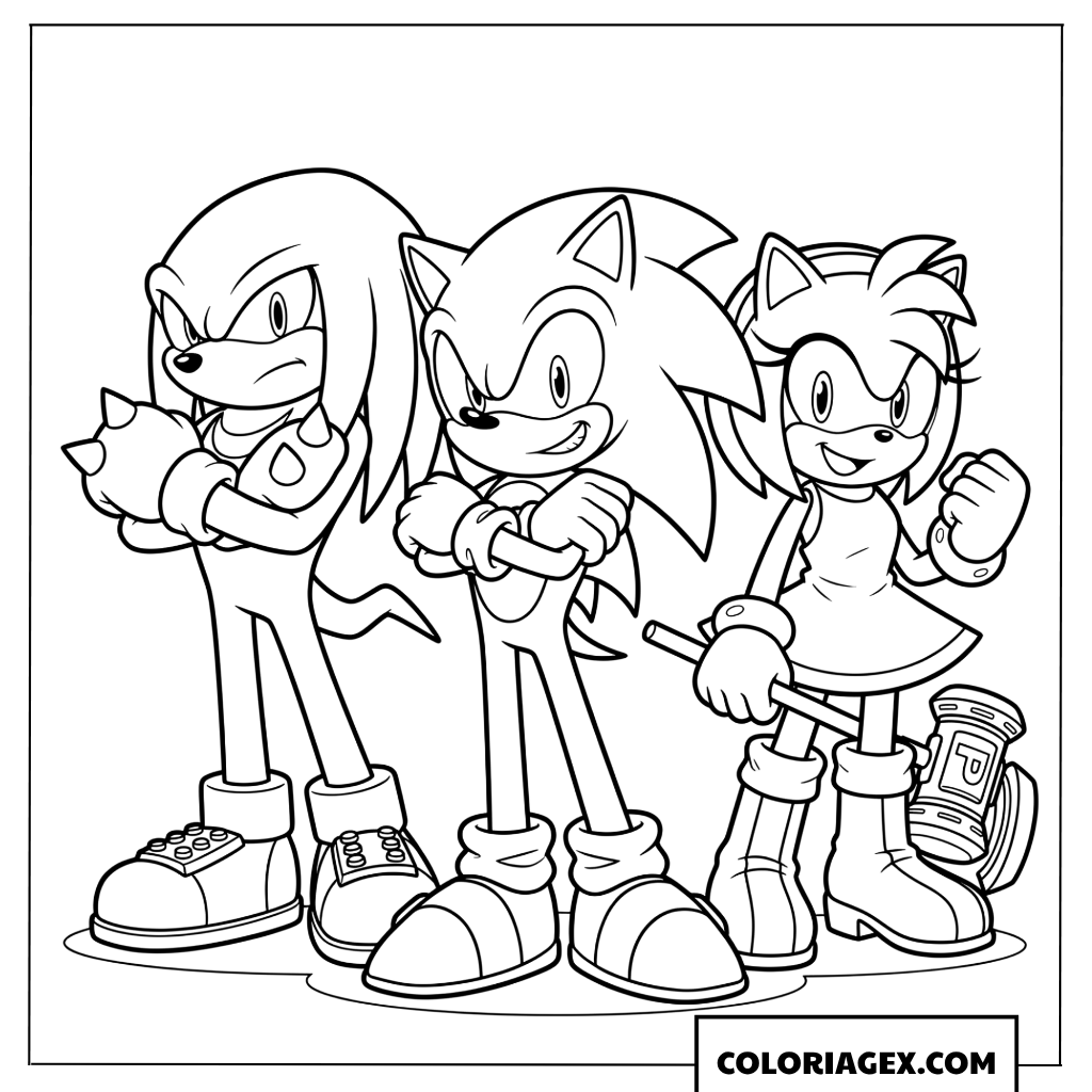 Coloriage Sonic Knuckles et Amy en pose de heros