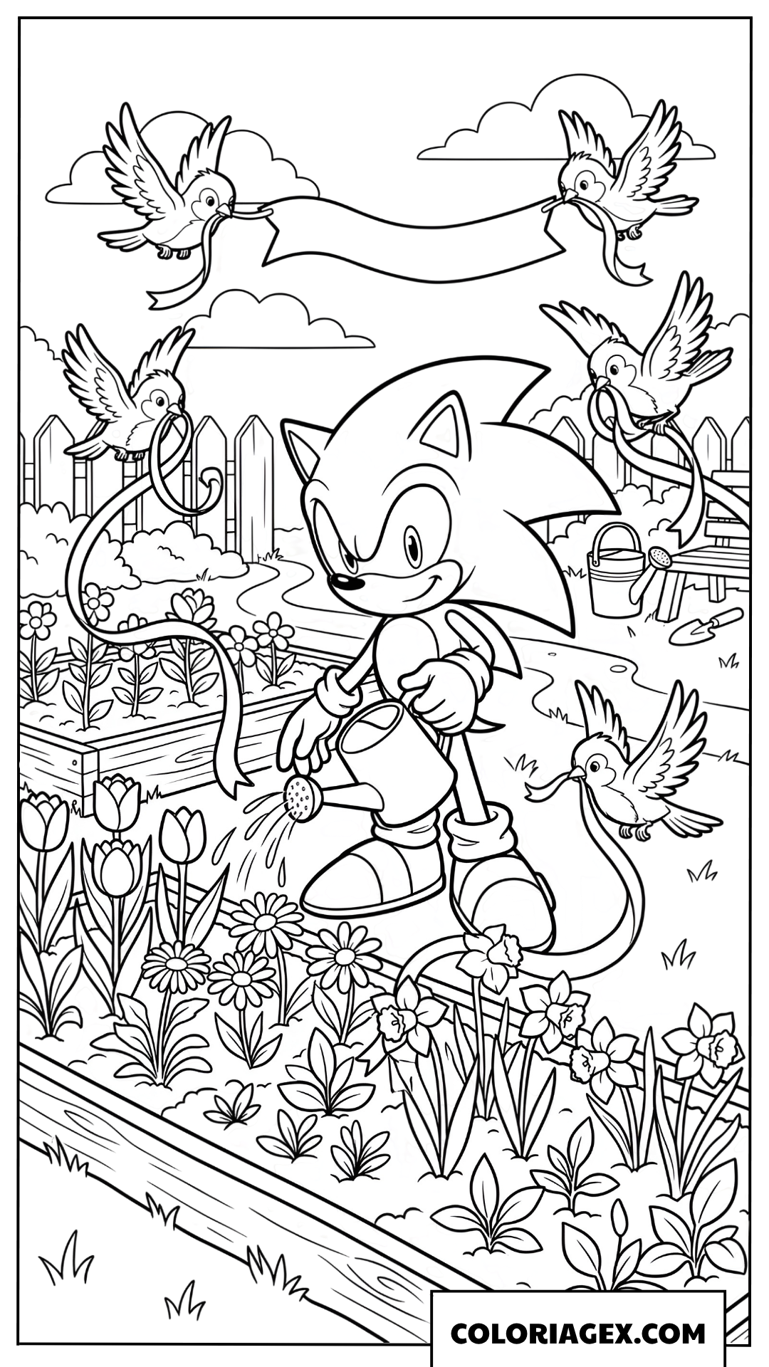 Coloriage Sonic arrose le jardin de printemps pour son anniversaire