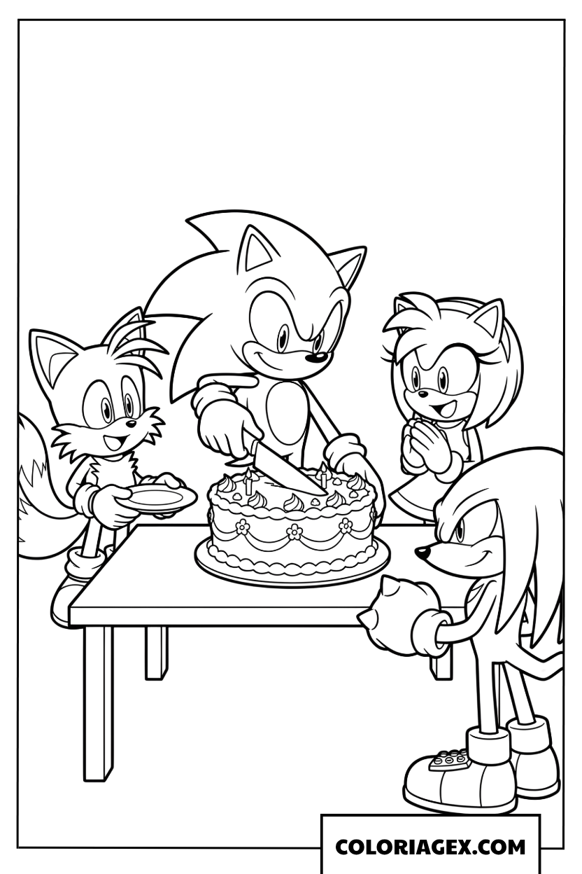 Coloriage Sonic coupe le gateau avec ses amis