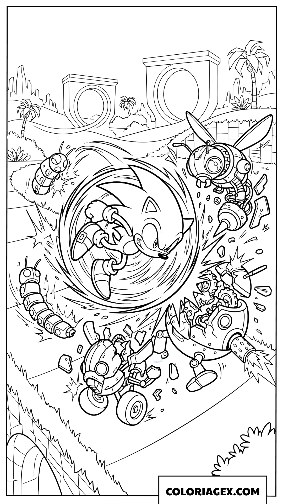 Coloriage Sonic en attaque tournoyante contre des robots