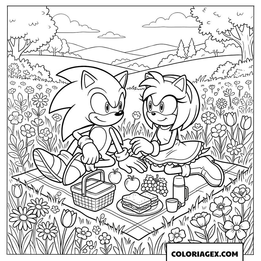 Coloriage Sonic et Amy Rose en pique nique fleuri
