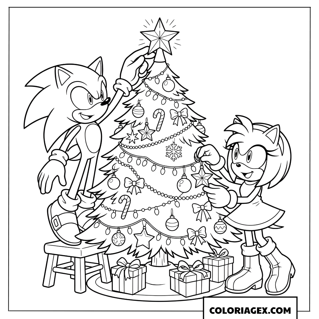 Coloriage Sonic et Amy decorent le sapin de Noel