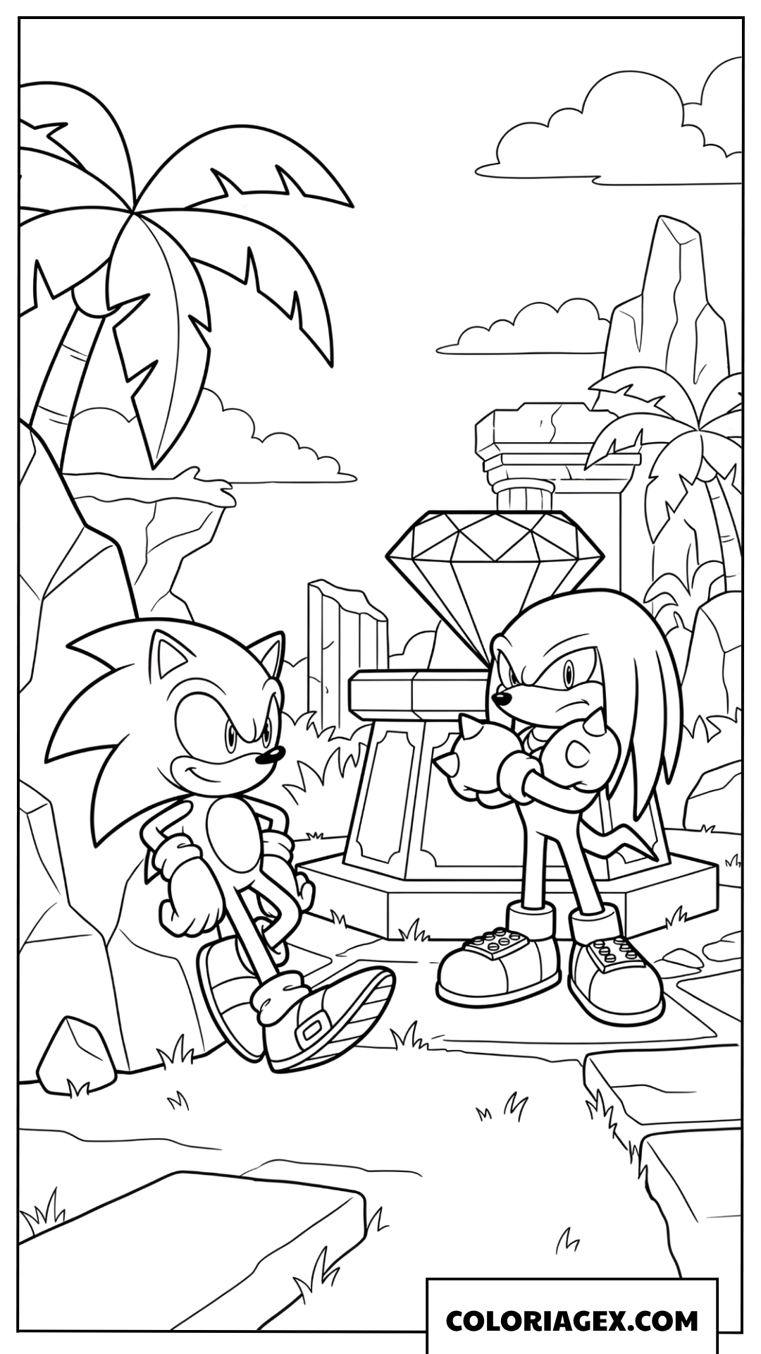 Coloriage Sonic et Knuckles pres du joyau sacre